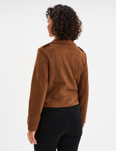 Veste courte esprit biker effet suédine camel femme