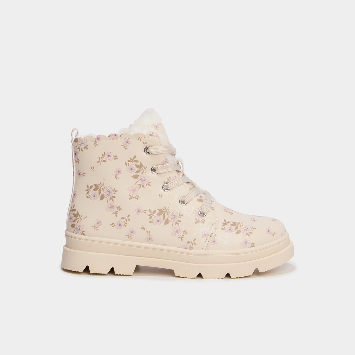 Boots fourr&eacute;es et crant&eacute;es &agrave; lacets creme fille