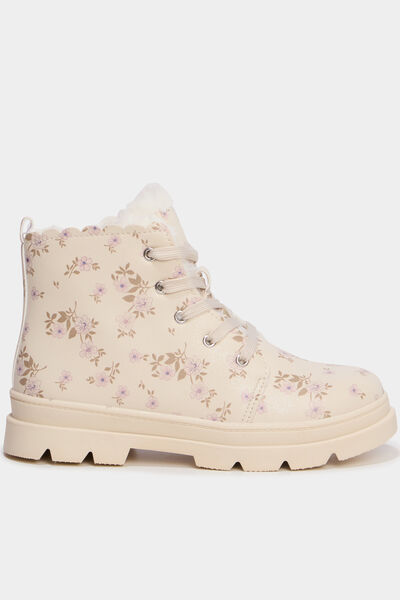 Boots fourr&eacute;es et crant&eacute;es &agrave; lacets creme fille