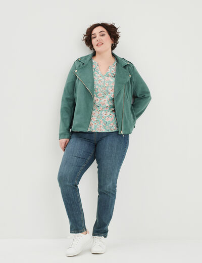 Blouson zippé effet suédine style biker vert foncé femme grande taille