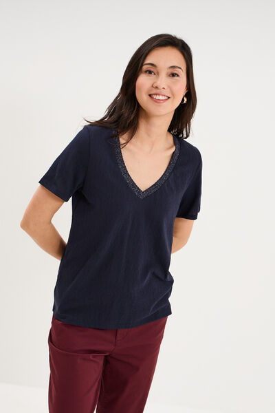T-shirt col en V manches courtes bleu fonc&eacute; femme