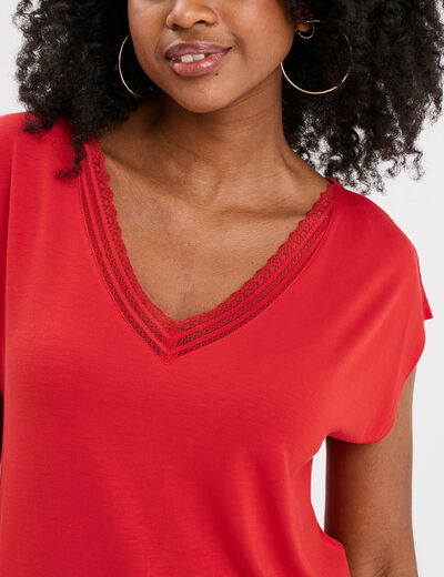 T-shirt col en V manches courtes rouge femme