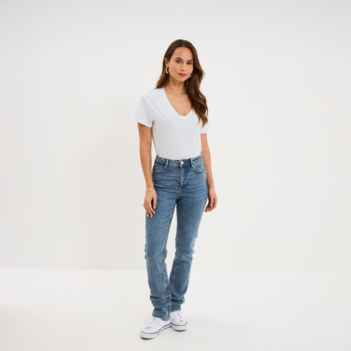 T-shirt manches courtes col en V coton bleu clair femme