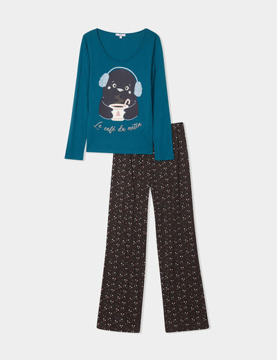 Ensemble pyjama pantalon 2 pièces coton bleu canard femme
