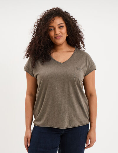 T-shirt effet chin&eacute; col en V avec poche vert kaki femme grande taille