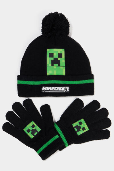 Ensemble bonnet et gants Minecraft noir gar&ccedil;on