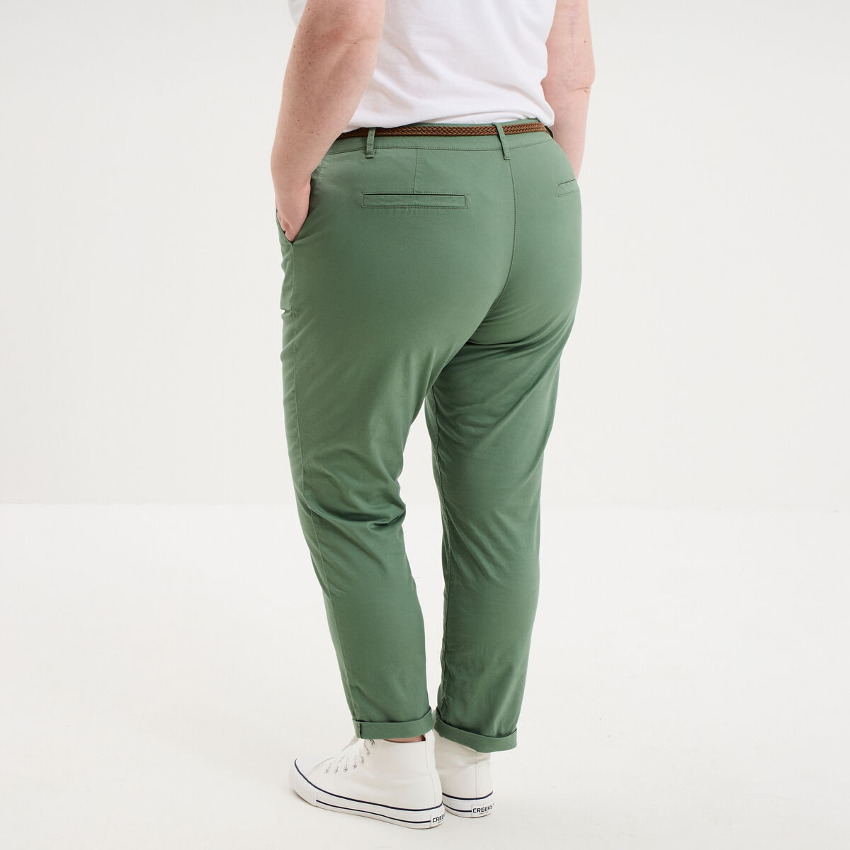 Pantalon chino taille haute coton vert kaki femme grande taille
