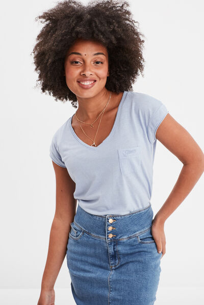 T-shirt col v poche poitrine Creeks bleu clair femme
