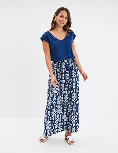 T-shirt col en V dentelle épaules et dos bleu marine femme