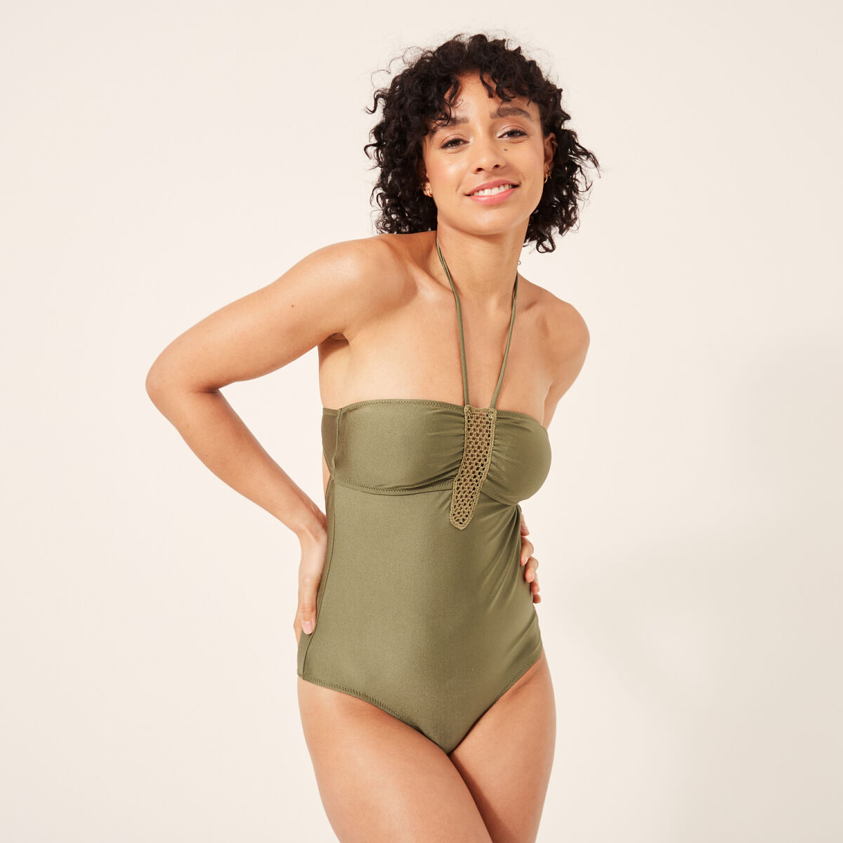 Maillot de bain une pièce détail crochet vert kaki femme