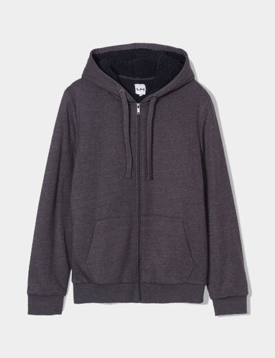 Sweat zippé doublure effet sherpa gris foncé homme