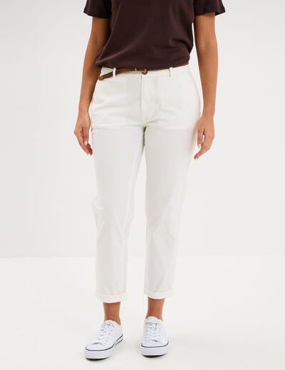 Pantalon chino 7/8&egrave;me ceinture tress&eacute;e ecru femme