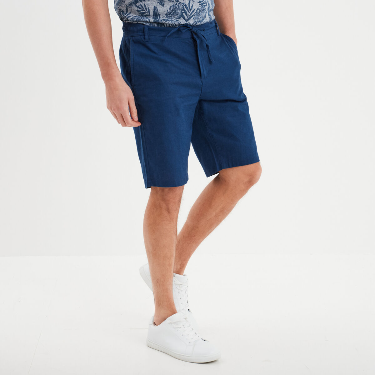 Bermuda chino à coulisse lin mélangé bleu roi homme