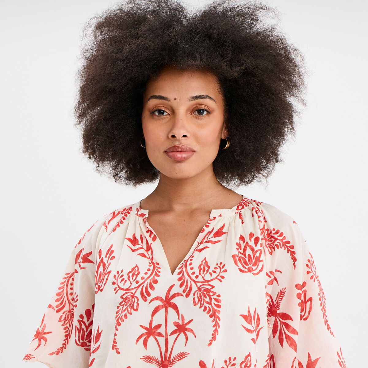 Blouse manches courtes papillons coton ecru femme