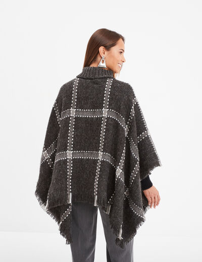 Poncho à col roulé bords à franges fines gris foncé femme