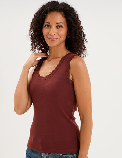 D&eacute;bardeur coton bords dentelle bordeaux femme