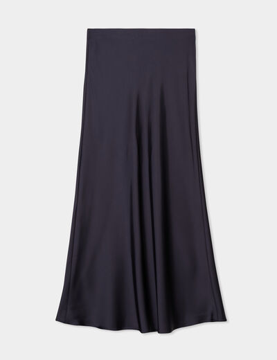 Jupe effet satin midi évasée bleu marine femme