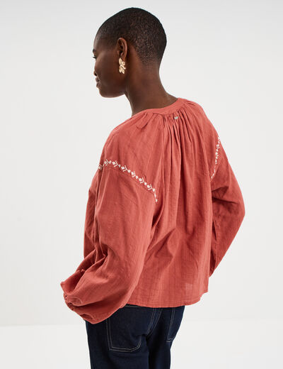 Blouse brod&eacute;e manches longues coton vieux rose femme