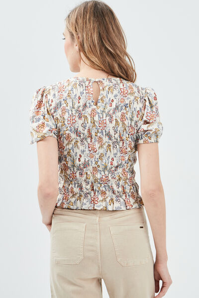 Blouse manches courtes smockée beige femme