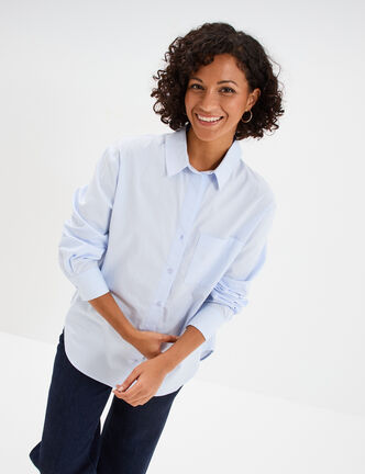 Chemise oversize 1 poche coton bleu ciel femme
