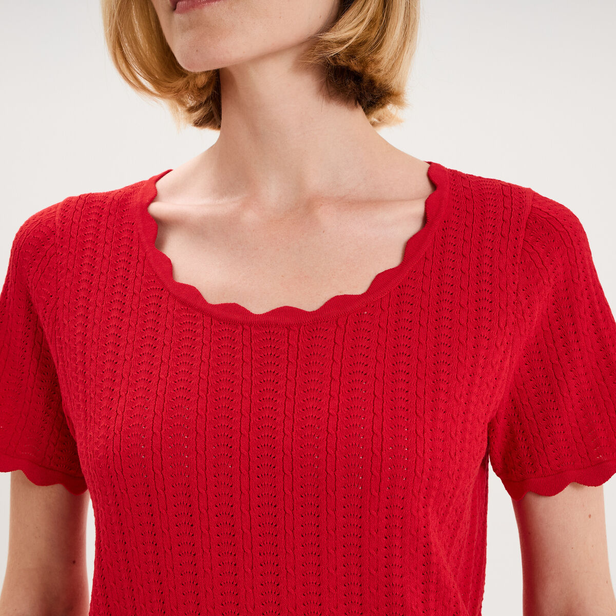 Pull ajour&eacute; col rond manches courtes rouge femme
