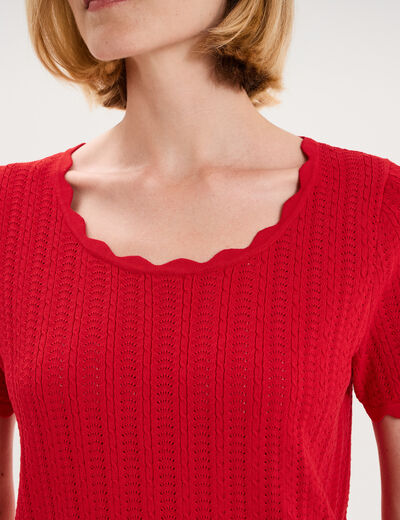 Pull ajour&eacute; col rond manches courtes rouge femme