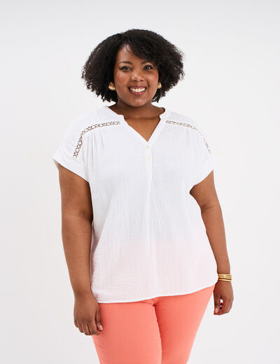 Blouse droite gaze de coton col tunisien blanc femme grande taille