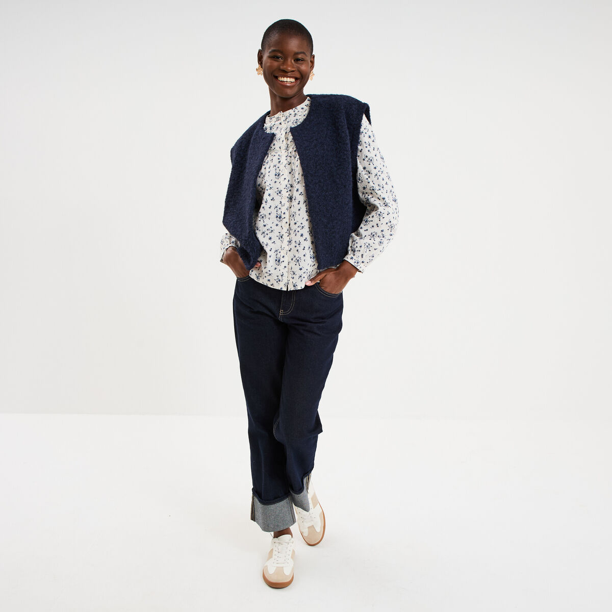 Blouse droite manches longues coton ecru femme