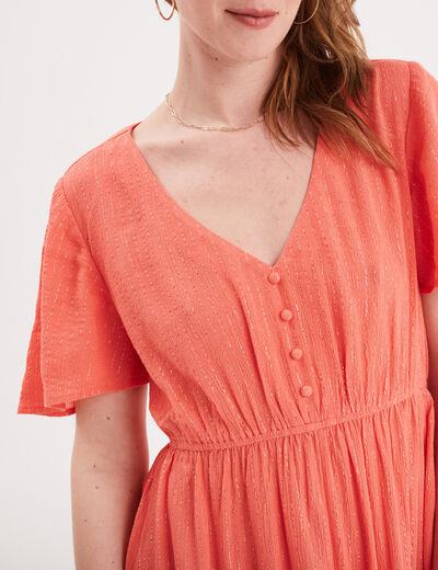 Robe longue empire fils métallisés coton rose corail femme
