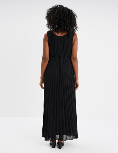 Robe longue plissée sans manches col V noir femme