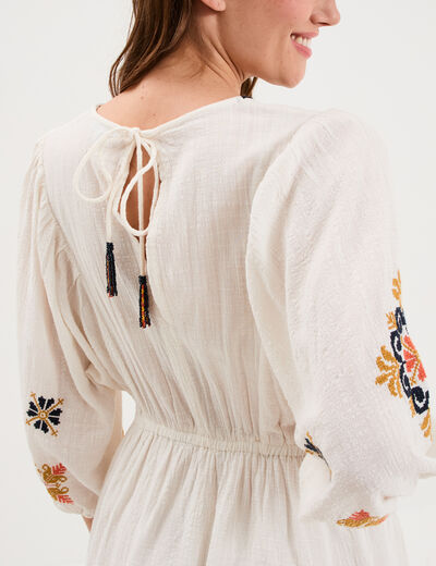Robe courte brod&eacute;e taille &eacute;lastiqu&eacute;e ecru femme