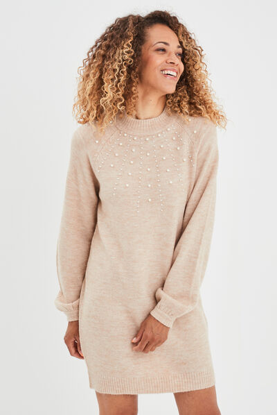 Robe pull à perles manches ballons sable femme