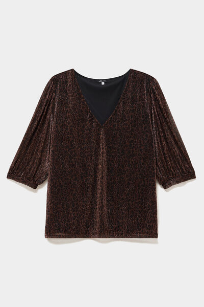 Blouse col en V manches 3/4 marron femme grande taille