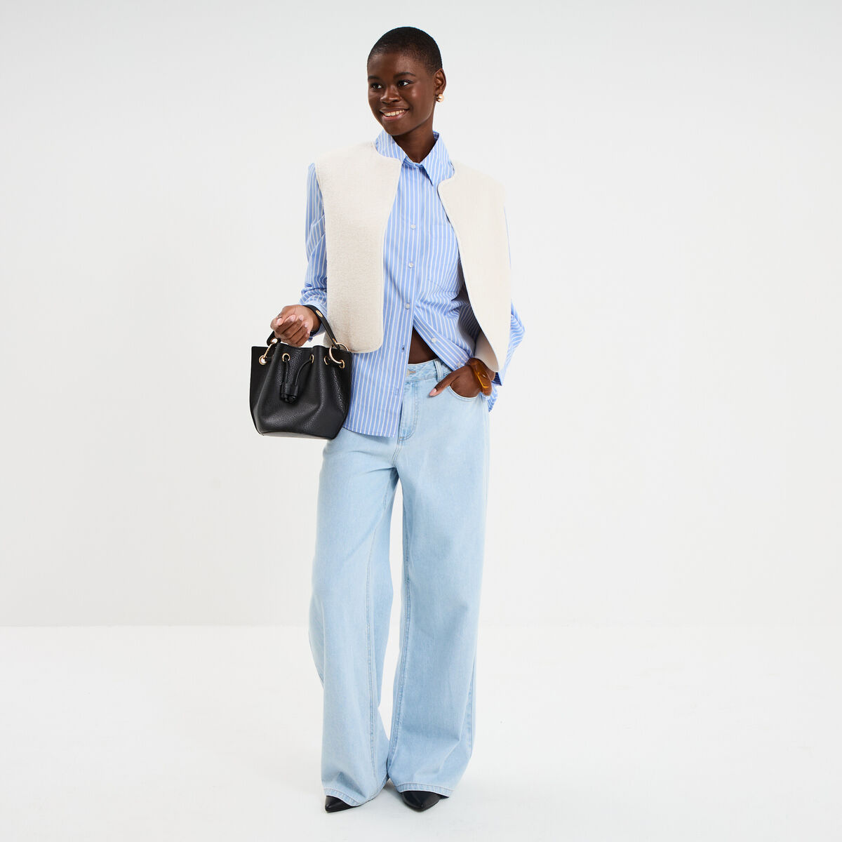 Chemise oversize 1 poche coton bleu femme