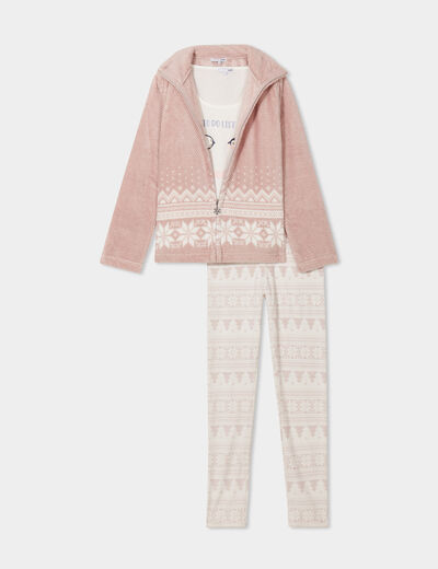 Ensemble pyjama effet polaire 3 pièces rose pastel femme