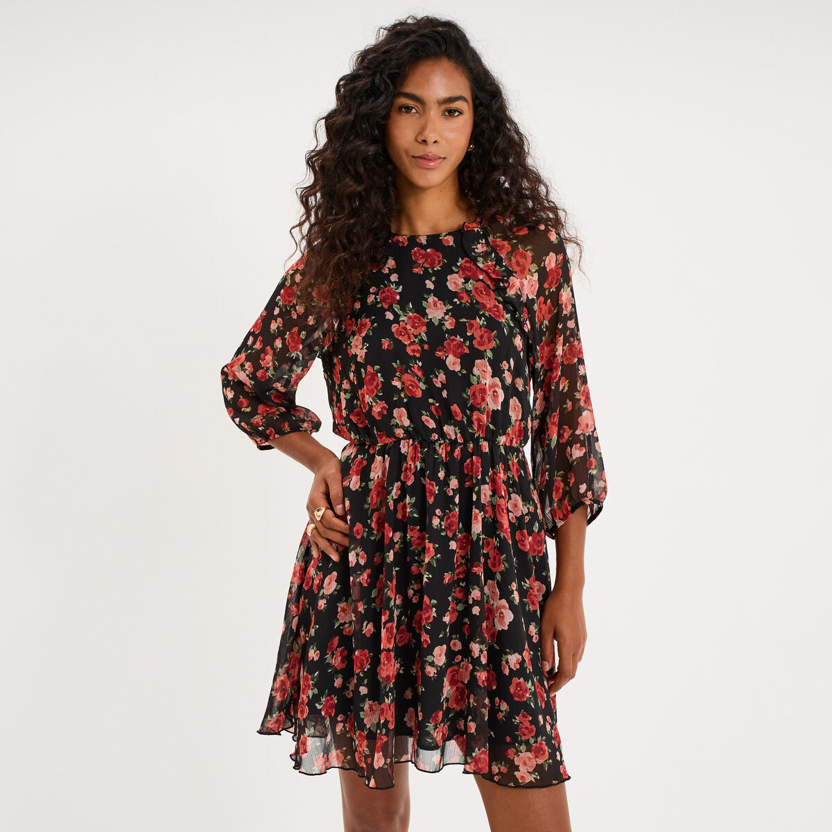 Robe fluide courte manches 3/4 noir femme