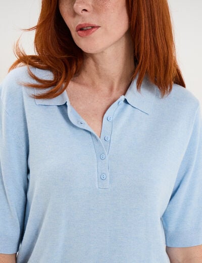 Pull col polo manches courtes bleu femme