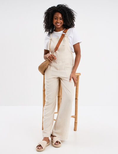 Salopette jambe large bretelles nouées beige femme