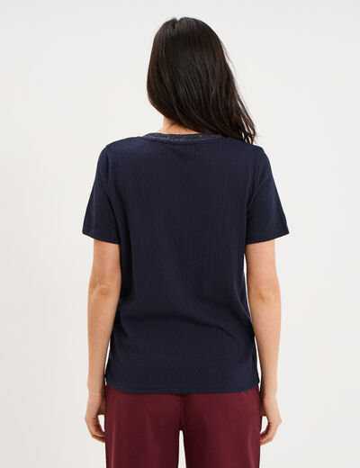 T-shirt col en V manches courtes bleu fonc&eacute; femme