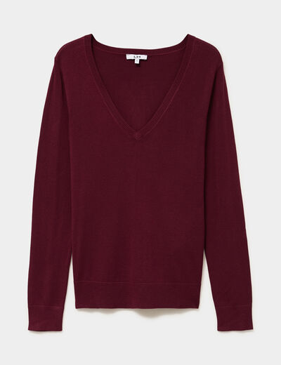 Pull col en V manches longues bordeaux femme
