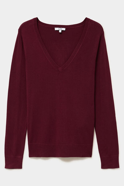 Pull col en V manches longues bordeaux femme
