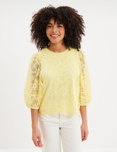 Blouse dentelle manches 3/4 jaune clair femme
