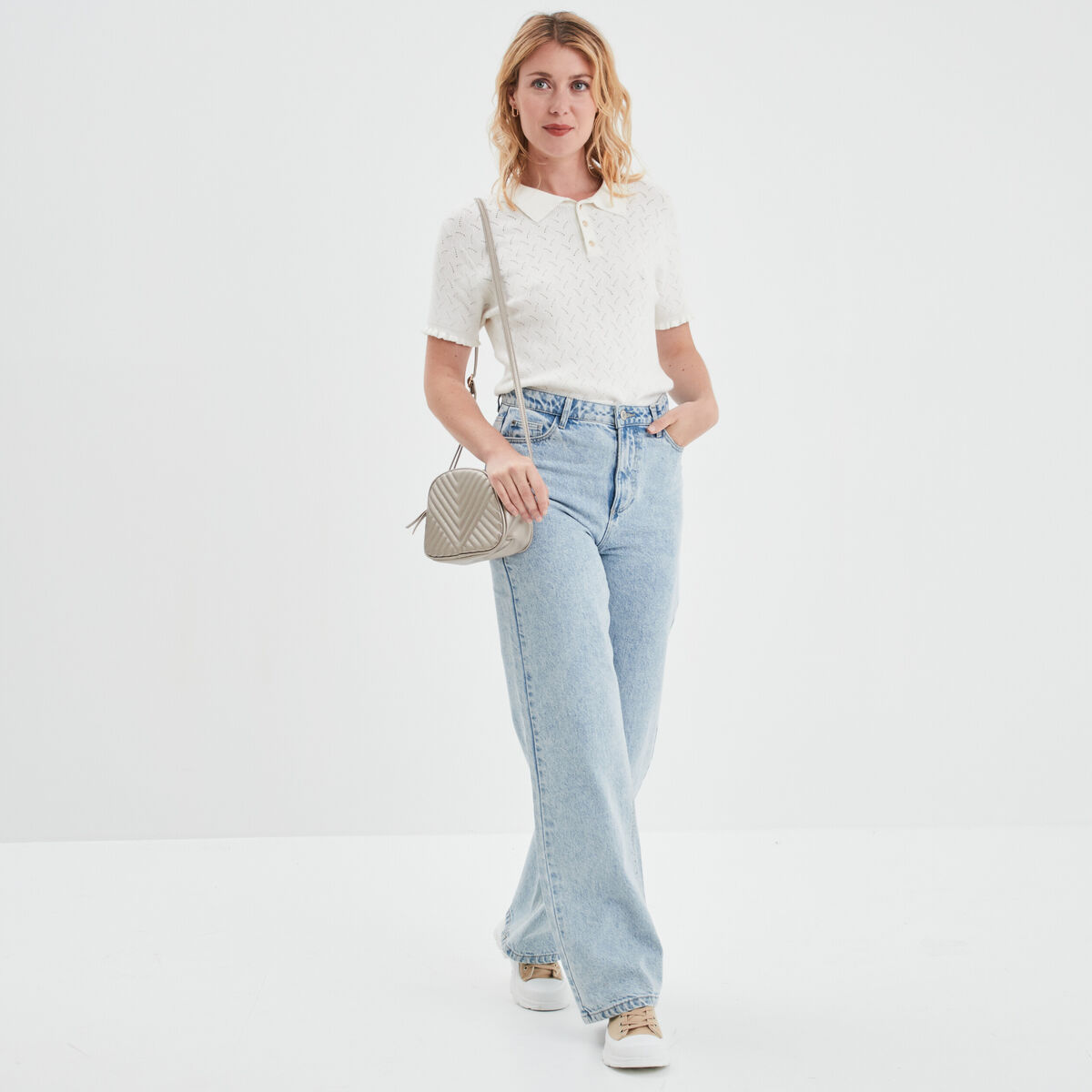 Pull col polo manches courtes blanc femme