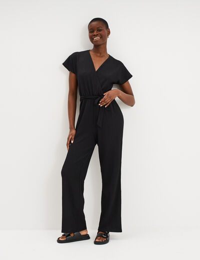 Combinaison pantalon gaufr&eacute;e ceintur&eacute;e noir femme