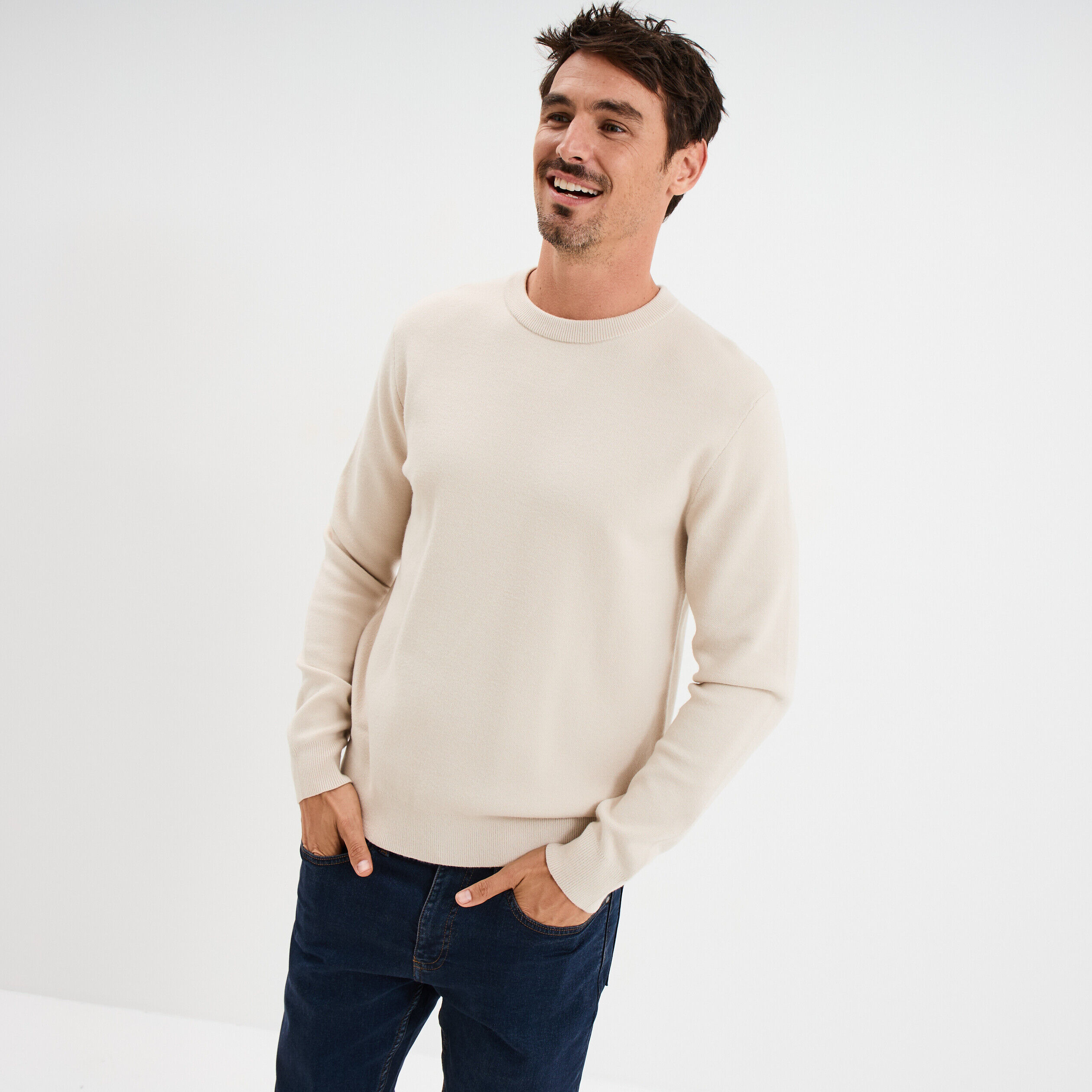 Pull col rond manches longues beige homme LH