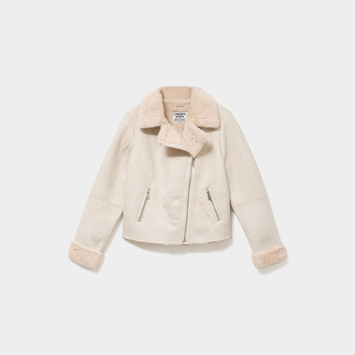 Veste col aviateur zipp&eacute;e doubl&eacute;e beige femme