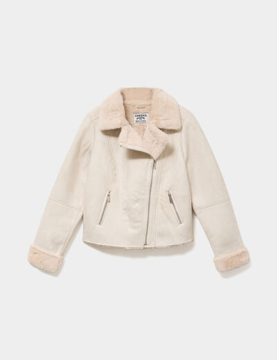Veste col aviateur zipp&eacute;e doubl&eacute;e beige femme