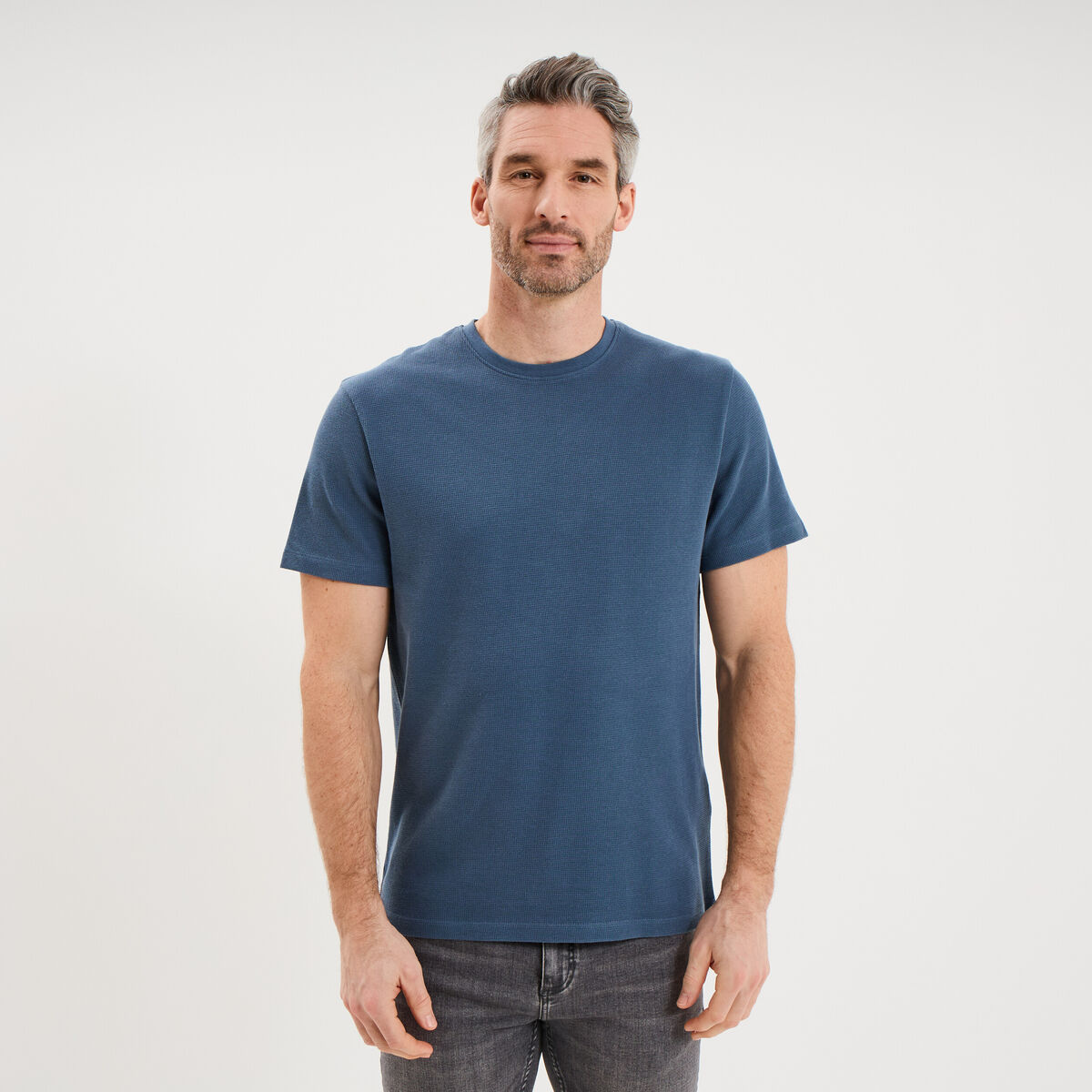 T-shirt textur&eacute; droit col rond coton bleu gris homme