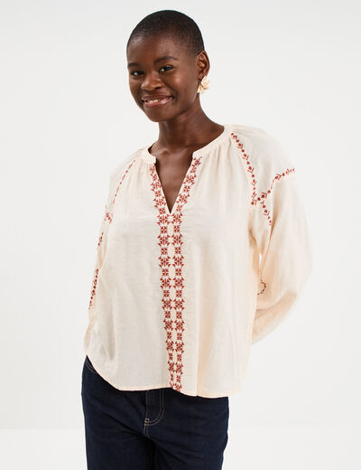 Blouse brod&eacute;e manches longues coton beige femme