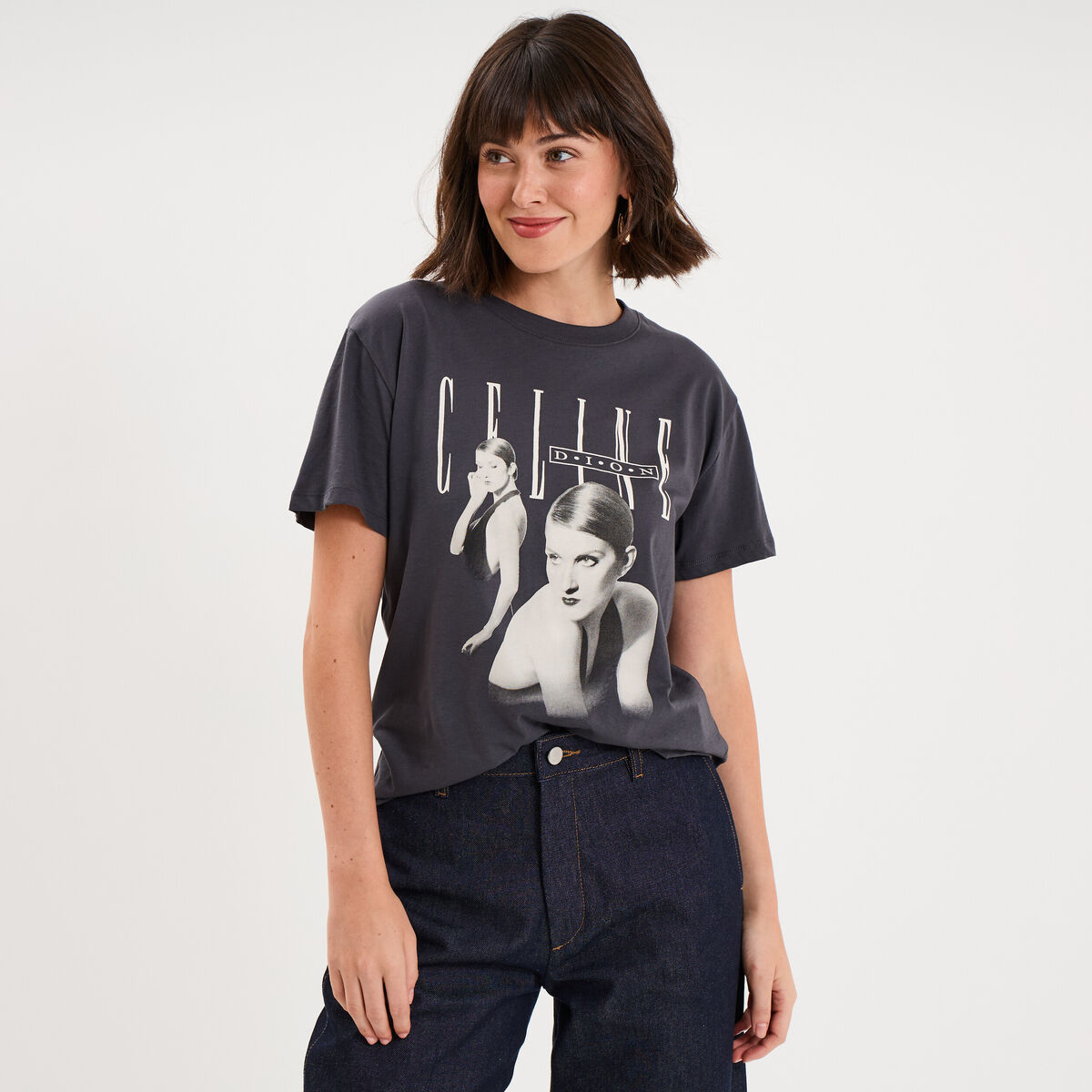 T-shirt droit coton C&eacute;line Dion gris fonc&eacute; femme